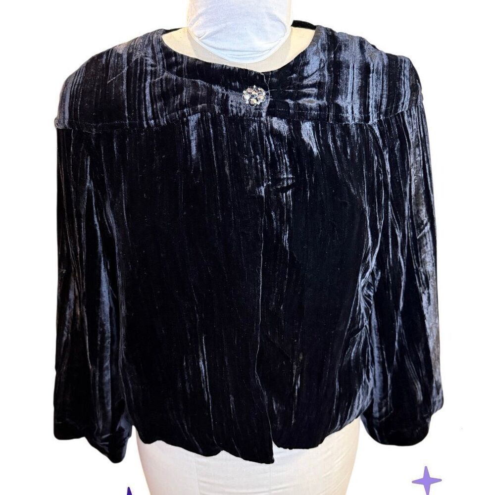 WD.NY Velvet Evening Jacket Rhinestone Single Button Sz. L Silk Lining Black